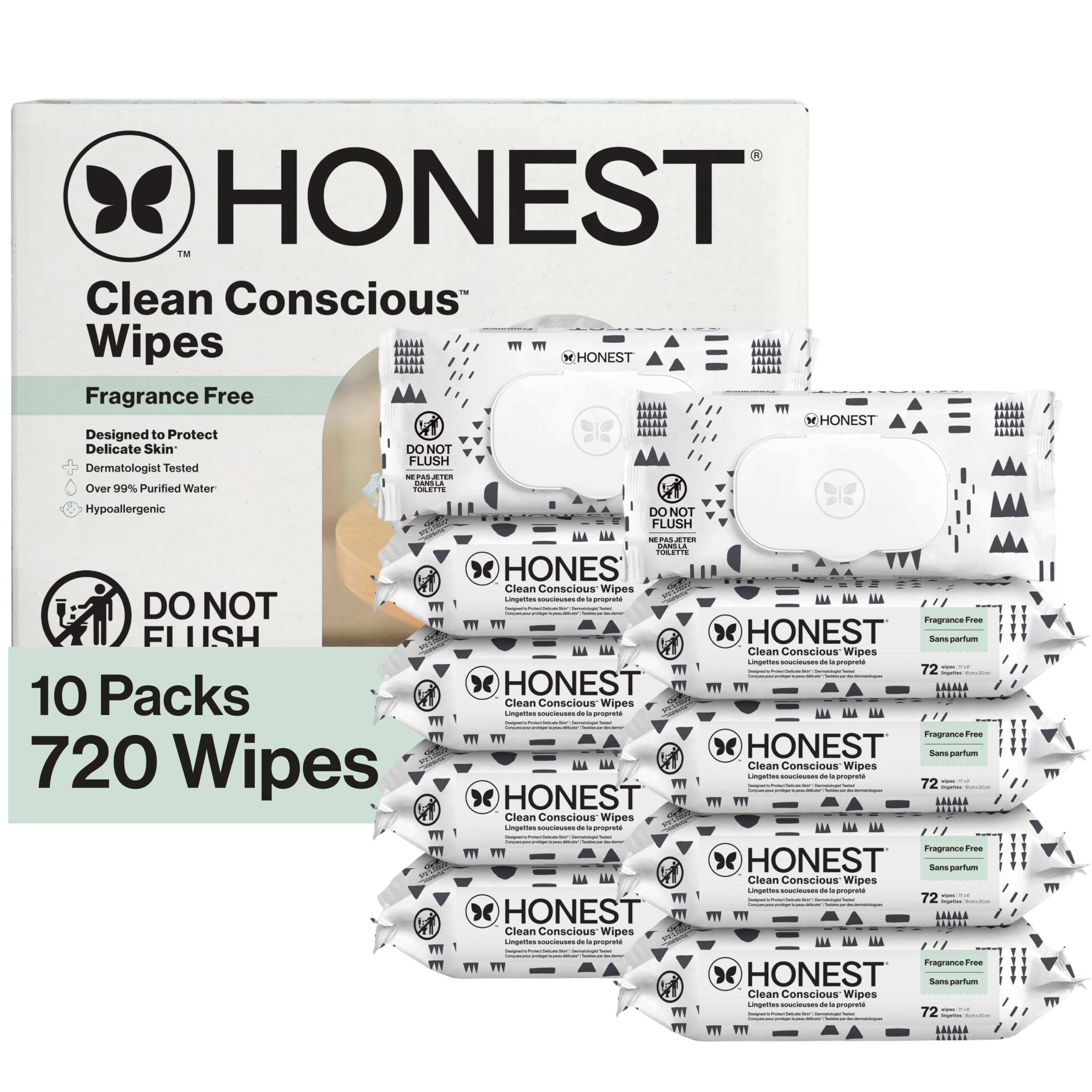 The Honest Company Baby Wipes for Sensitive Skin, Hypoallergenic, Fragrance-Free, Multi-Use, Pattern Play Design, 720 Count (10 Packs of 72)