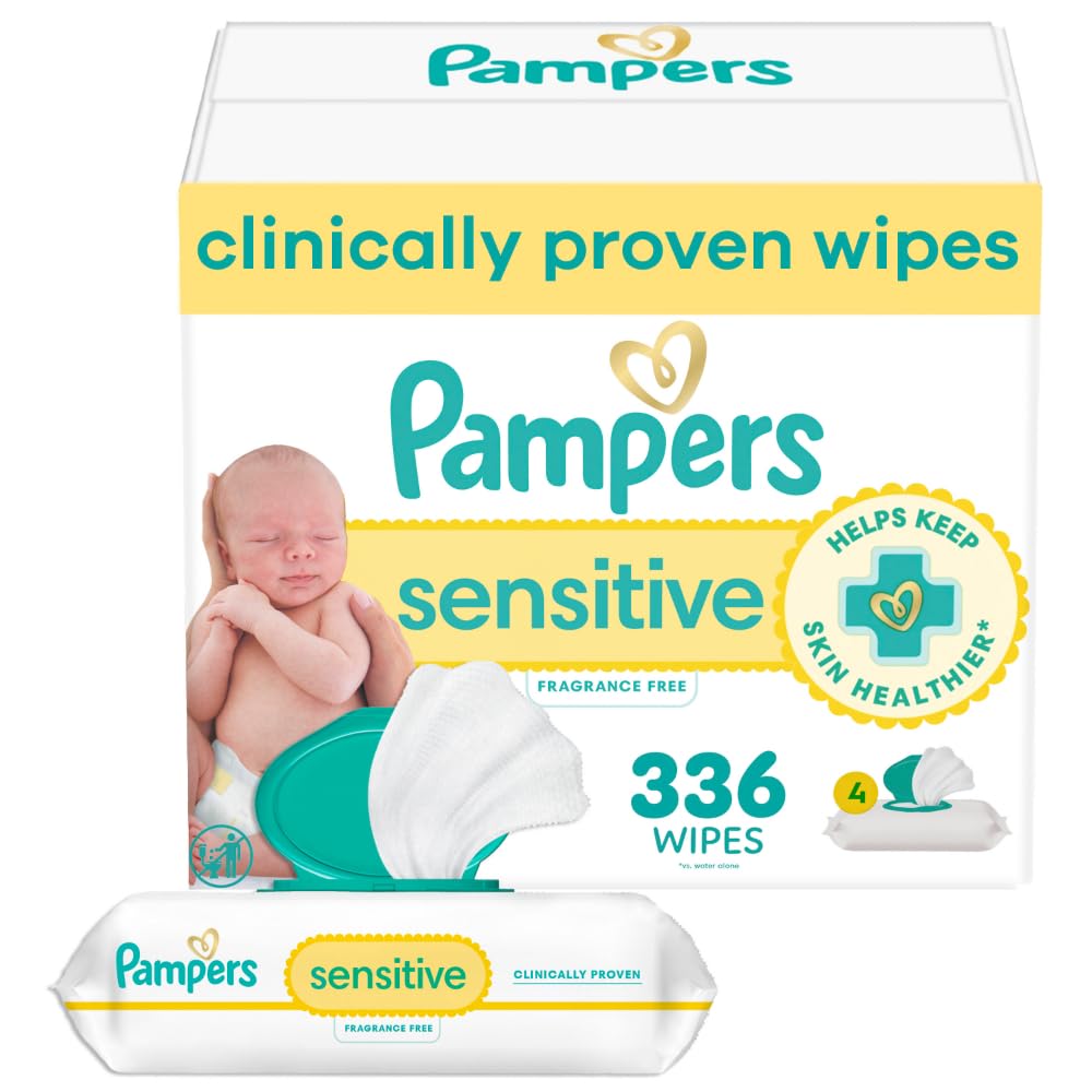 Pampers Sensitive Baby Wipes, Clinically Proven, Fragrance Free, Unscented, Water Based, Hypoallergenic, Multi-Use, Hand Wipes 336 Wipes Total (6X Flip-Top Packs) [Packaging May Vary]