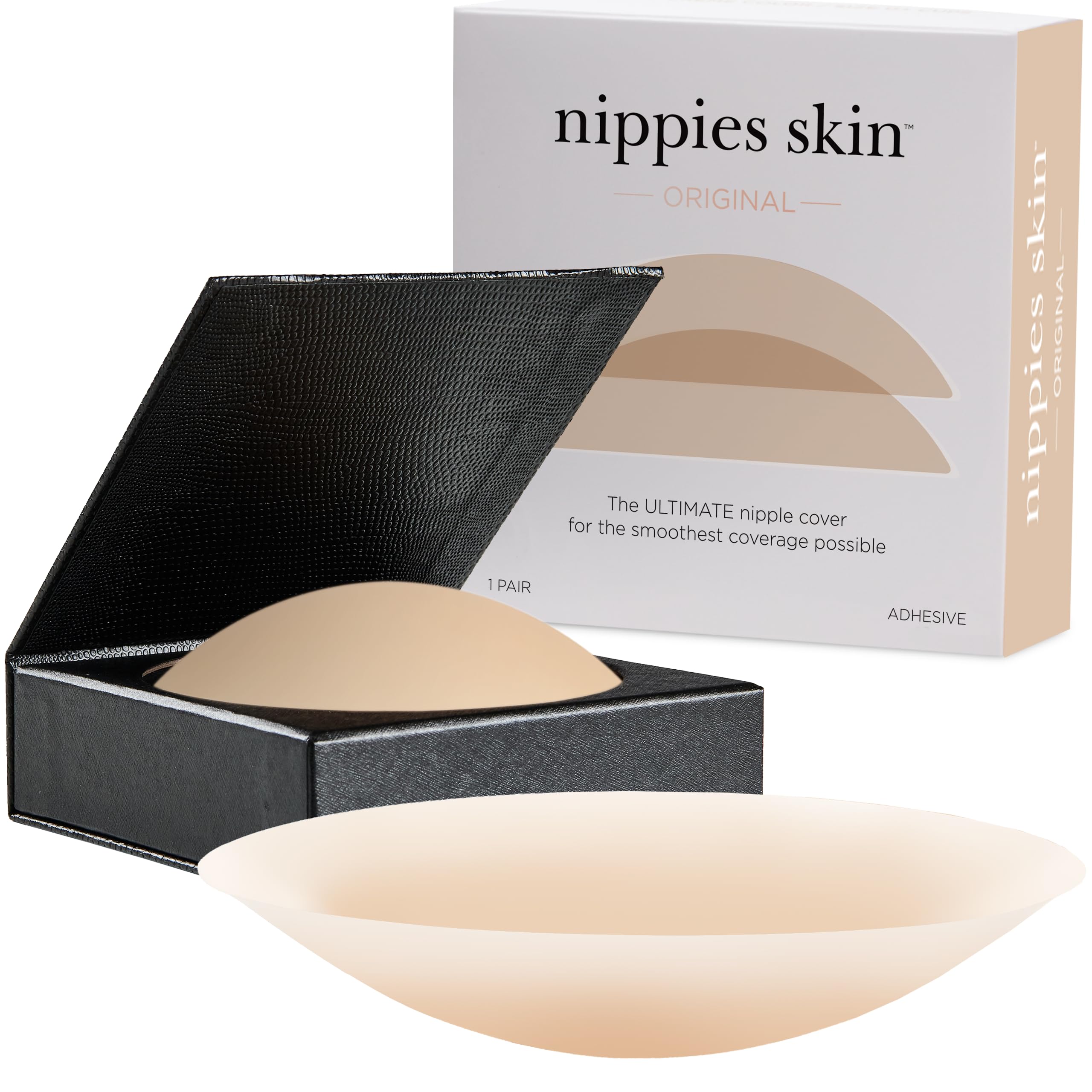 Nippies Nipple Covers for Women with Travel Case, Reusable Nipple Pasties with Skin-Safe Adhesive, Invisible Braless Solution under Clothing - Original Circle Covers, Crème, Size 1 (Fits A-C Cups)