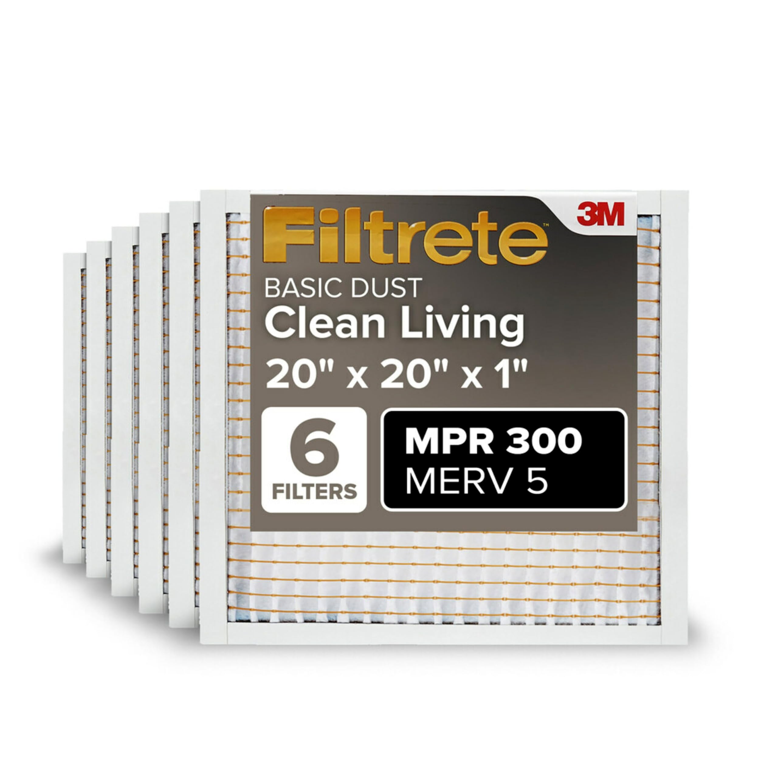 Filtrete 20x20x1 Air Filter MERV 5, 6-Pack AC Furnace HVAC, MPR 300 Basic Dust Defense, Pleated Electrostatic, Removes Lint
