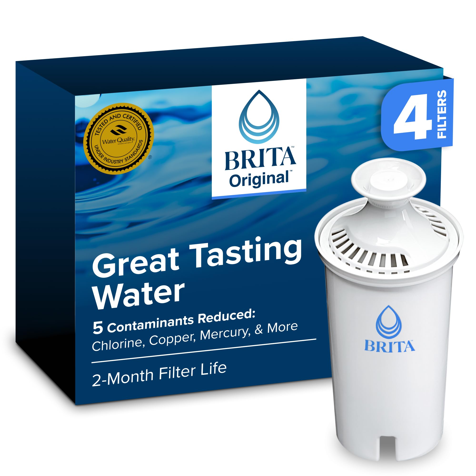 Brita Standard Water Filter for Pitchers and Dispensers, BPA-Free, Reduces Copper, Cadmium and Mercury Impurities, Lasts Two Months or 40 Gallons, Includes 4 Filters for Pitchers
