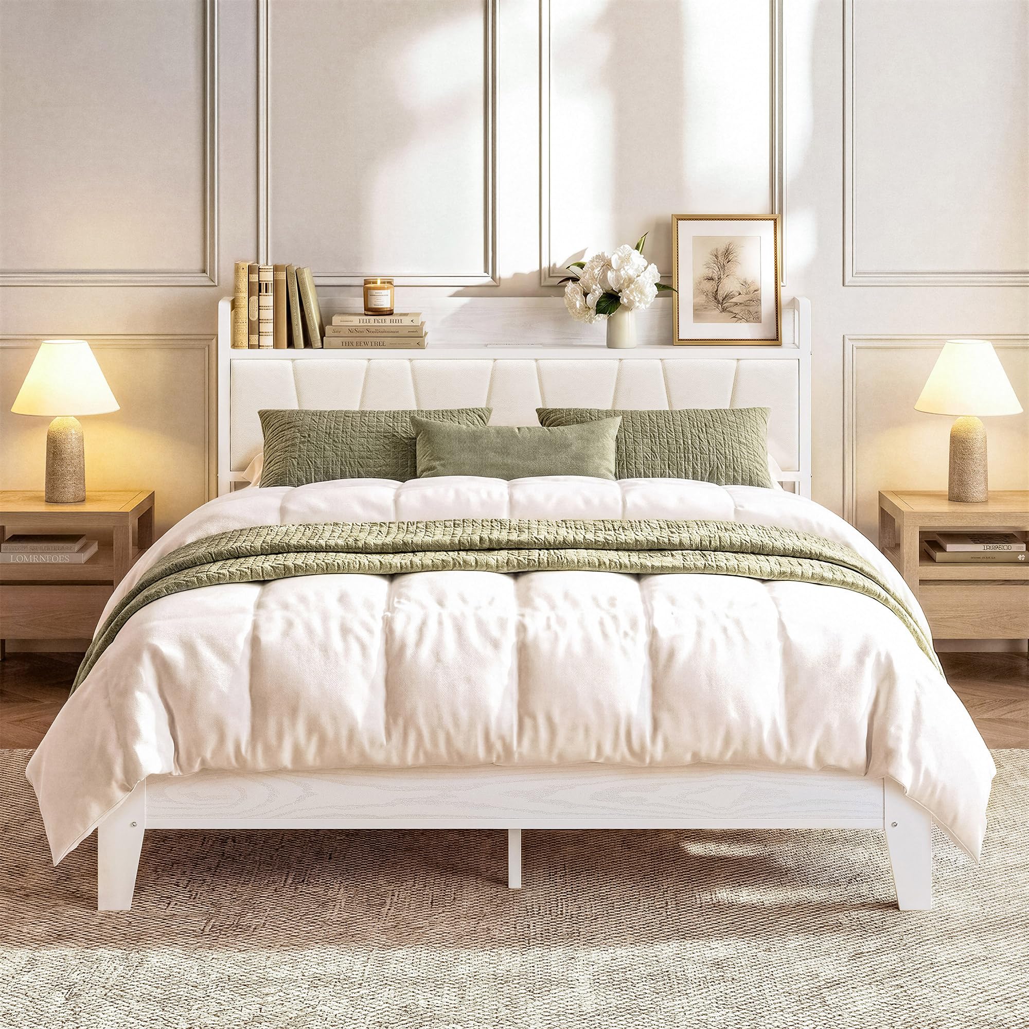 LIKIMIO Queen Bed Frames, PU Leather Storage Headboard with Charging Station, Solid and Stable, Noise Free, No Box Spring Needed, Easy Assembly, White