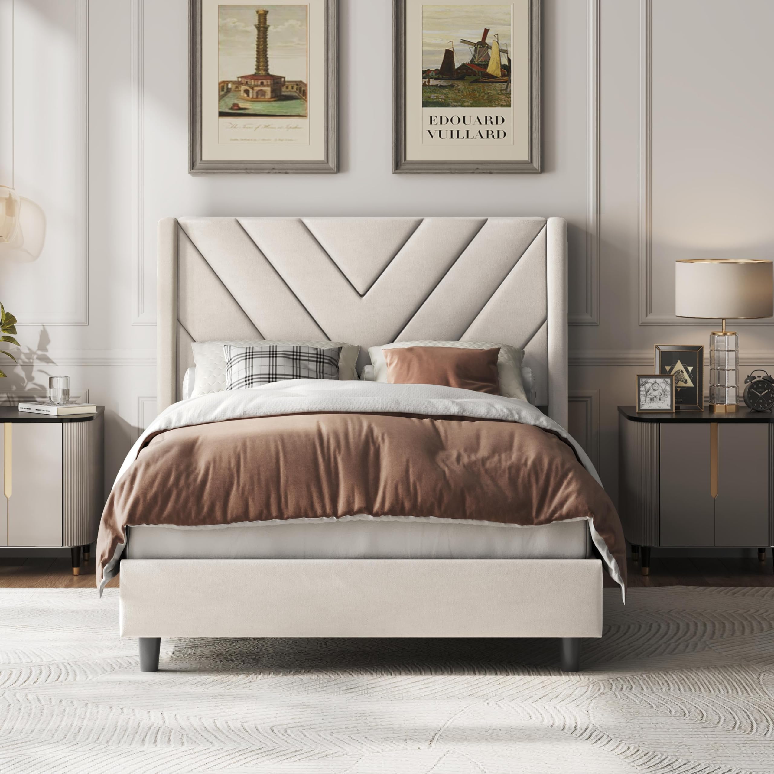 Yaheetech Twin Bed Frame Upholstered Platform Bed/Wooden Slat Support/Tufted Headboard with Wing Side/Mattress Foundation/No Box Spring Needed,Beige Twin