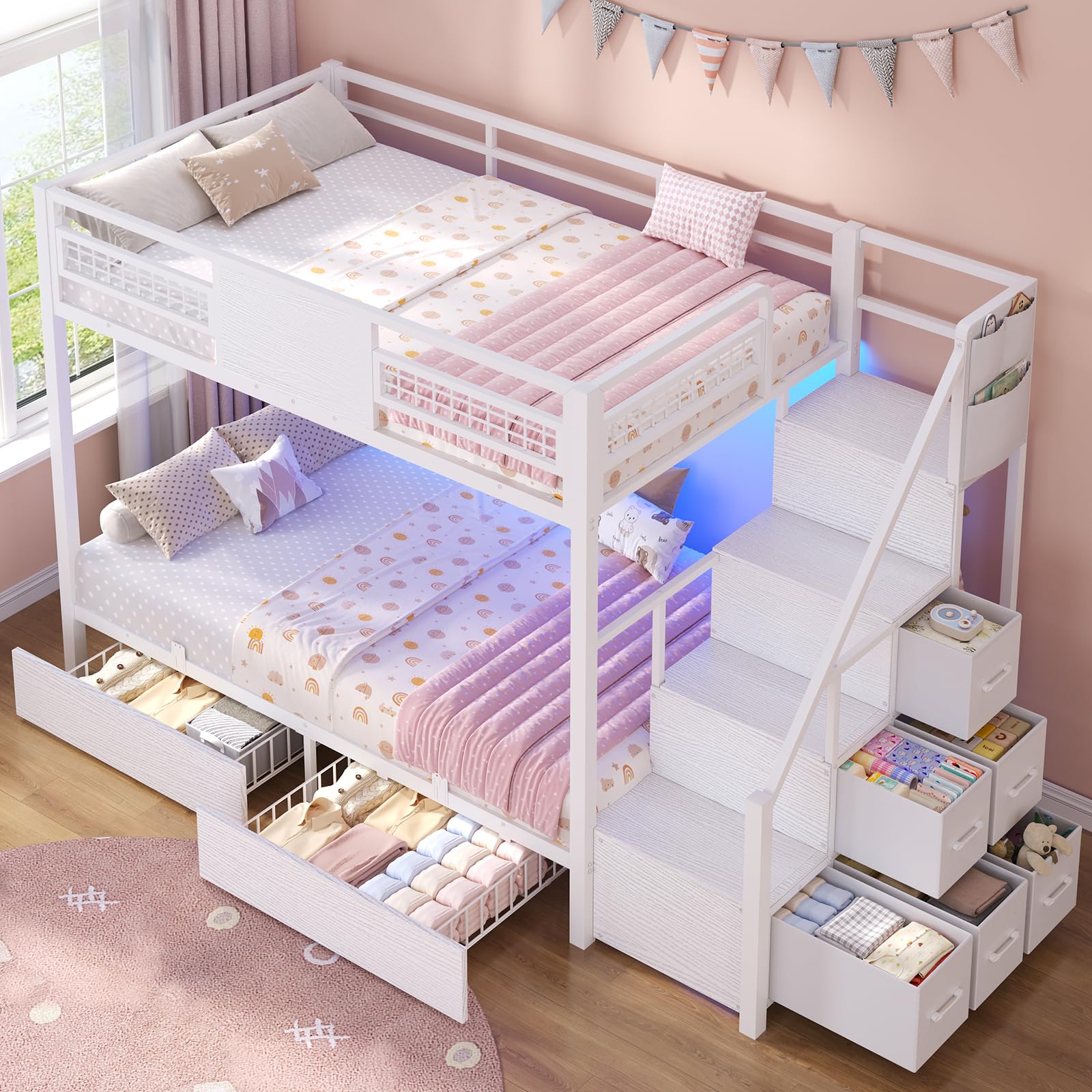 BTHFST Bunk Bed Twin Over Twin with Stairs, LED Lights Twin Bunk Bed with 2 Storage Drawers & 6 Fabric Drawers, Metal Twin Loft Beds with Guardrail & Stairs, Space Saving, Sturdy Frame for Teens