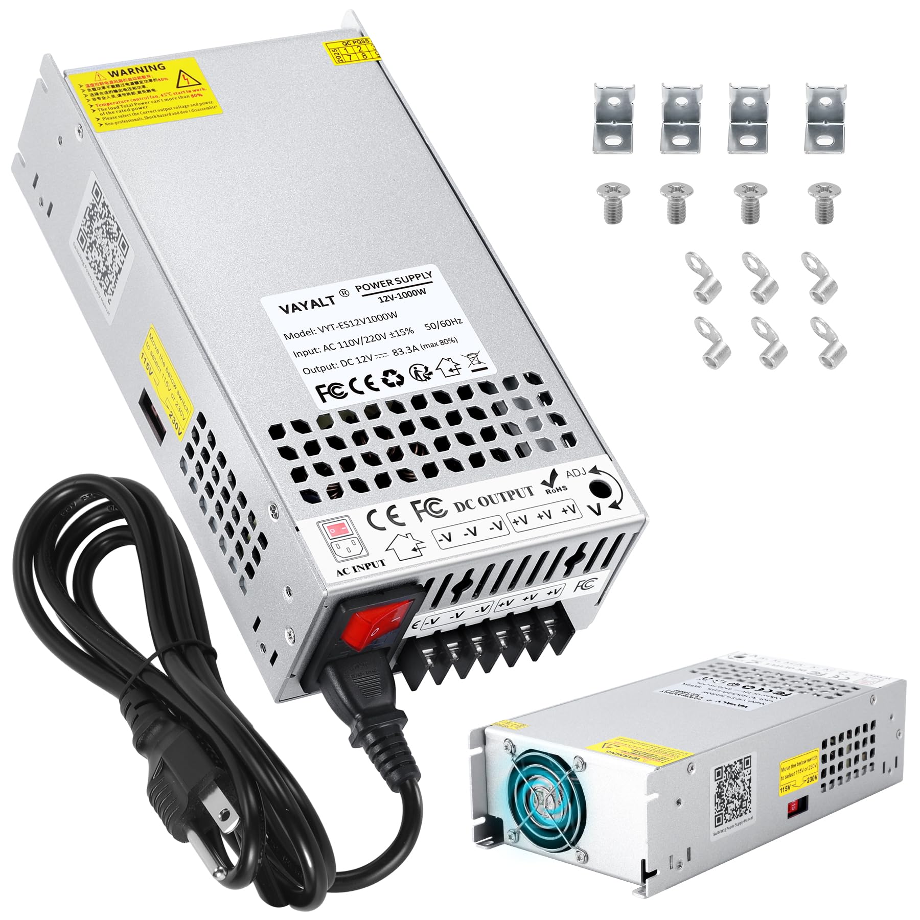 VAYALT DC 12V 83.3A 1000W Switching Power Supply, 110V/220V AC to DC Converter, Universal Regulated Switching, 12V Power Supply for CCTV Camera System, 3D Printer, LED Strip, Computer Project