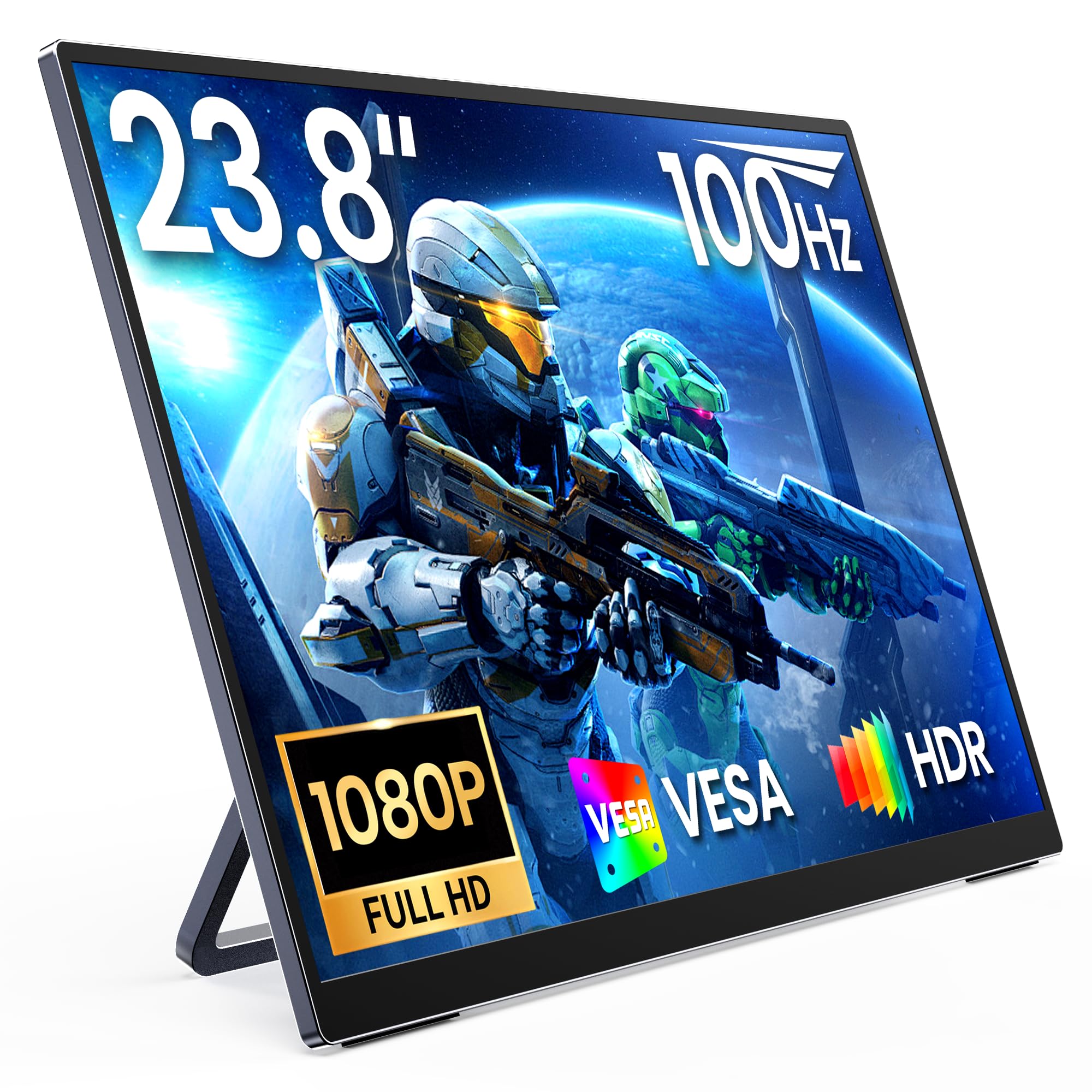 MNN Portable Monitor 23.8" 100Hz 1080P IPS, Ultra Slim Metal Body with Built-in Kickstand & Dual Speakers, USB-C HDMI External Display for Laptop PC Phone PS5 Xbox Switch, Home Office Gaming Monitor