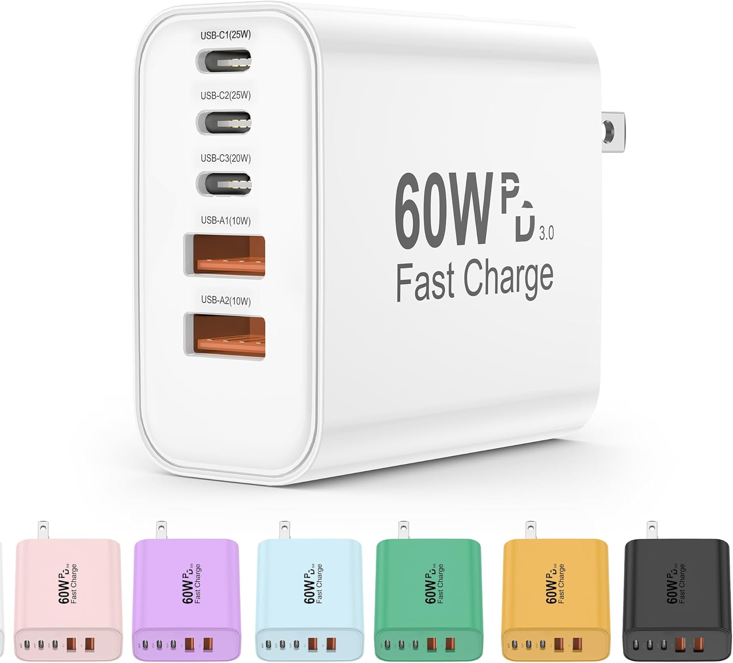 USB C Charger Block, 5 in 1 60W Charging Blocks, PD 3.0 25W Single Max Fast Charger, QC 2A USB Wall Charger