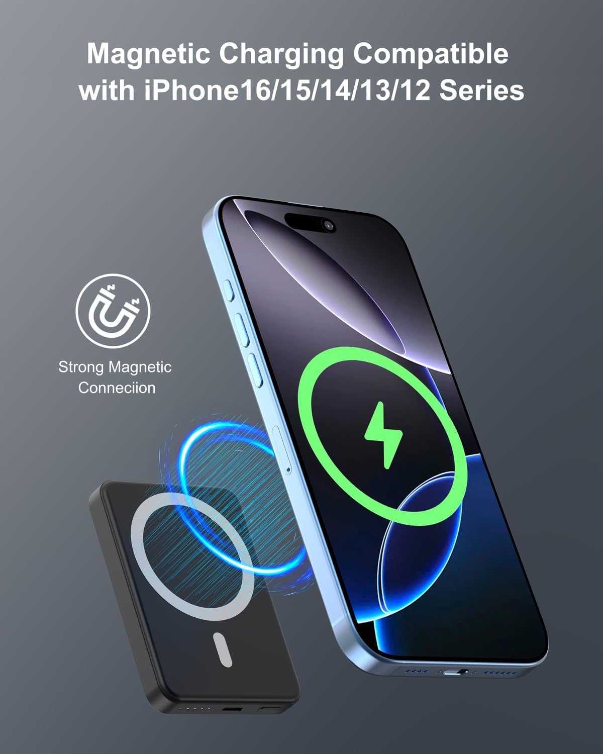 5000mAh Magnetic Portable Charger, Ultra Slim Magnetic Power Bank with USB-C