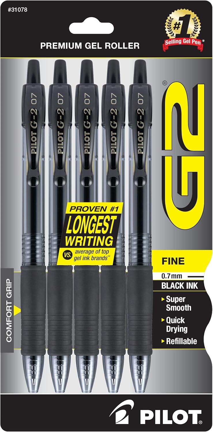 Pilot G2 Pens, Premium Refillable and Retractable Rolling Ball Gel Pens, Fine Point, 0.7mm, Black Ink, 5-Pack